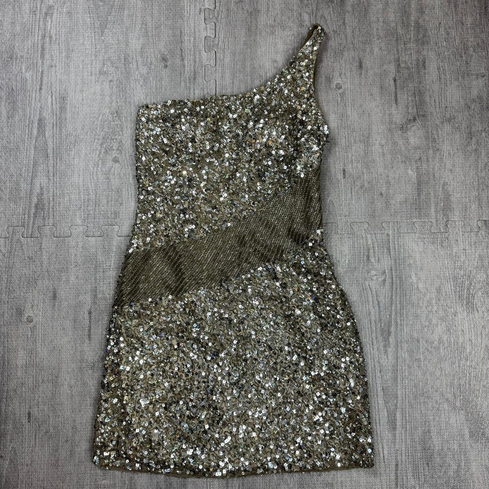 Scala 100% Silk Sequin Beaded One Shoulder Mini Dress Sz 6 Vintage 90s Sparkly